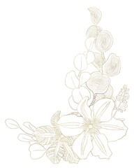 Linear (contour) golden floral arrangement hand drawn in watercolor isolated on a white background. Golden floral composition. Clematis flowers