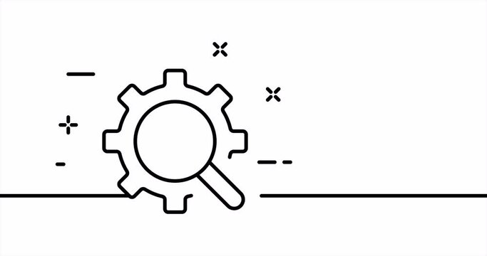 Magnifier with gear. Search, research, work, documents, look for, settings, information, job, employee. Business concept. One line drawing animation. Motion design. Animated technology logo. Video 4K
