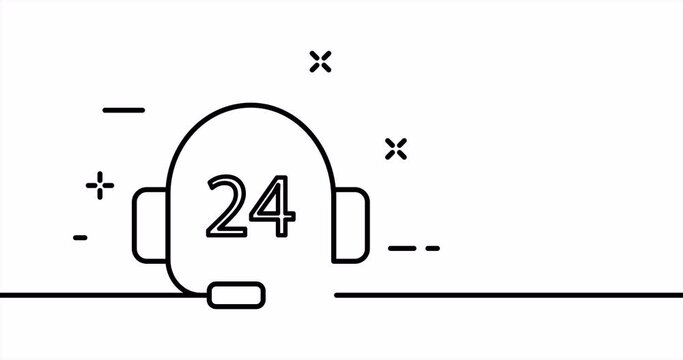 Support service around the clock. Headset with 24 sign. Hotline, call center, operator, help. Business concept. One line drawing animation. Motion design. Animated technology logo. Video 4K