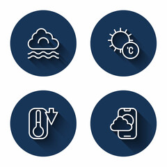 Set line Fog and cloud, Sun, Thermometer and Weather forecast app with long shadow. Blue circle button. Vector