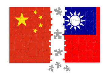 Puzzle made from China and Taiwan flags. Relationship between China and Taiwan