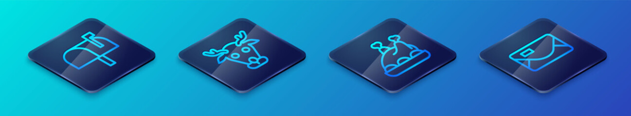 Set Isometric line Roasted turkey or chicken, Mail box, Envelope and Reindeer icon. Vector