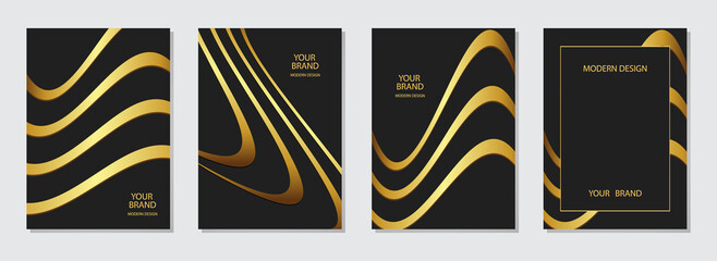 Set of modern covers, vertical vector templates. Black backgrounds with 3d geometric pattern of golden wavy stripes. Creative collection for business background, brochure, booklet, flyer, presentation