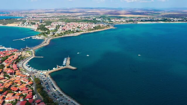 Flying drone over Nesebar island city on Bulgaria Black Sea coast, medieval Mesembria.