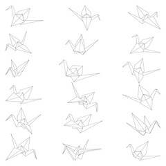 Set of origami crane vector outline dashed illustration isolated on white background. Japanese traditional origami crane for infographic, website or app. Geometric line shape for art of folded paper.