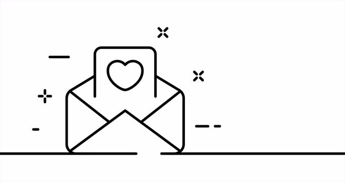 Wedding invitation. Envelope with letter and heart. Husband, wife, groom, bride, guests. Relationships concept. One line drawing animation. Motion design. Animated technology logo. Video 4K