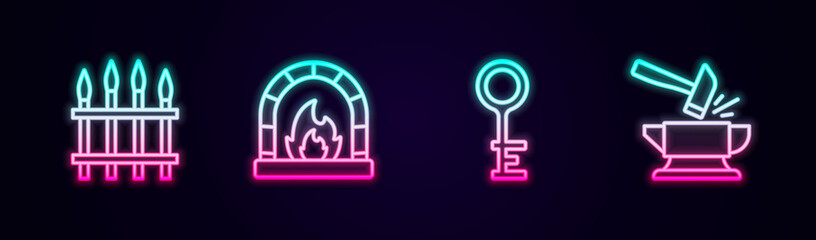 Set line Classic iron fence, Blacksmith oven, Old key and Anvil and hammer. Glowing neon icon. Vector