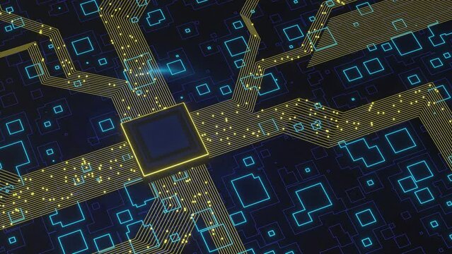 CPU central computer processor and motherboard circuit concept with nanoparticles movement - 3D rendering