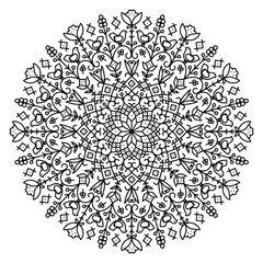 Outline ethnic mandala isolated on a white background. Folk floral ornament with flowers and birds for anti-stress coloring pages 