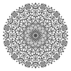Outline ethnic mandala isolated on a white background. Folk floral ornament with flowers and birds for anti-stress coloring pages 