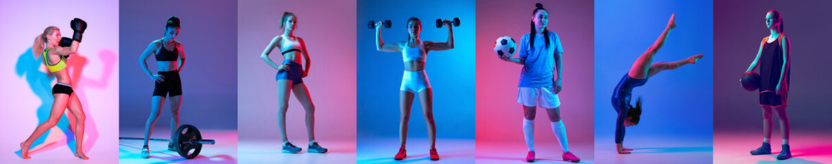 Sport collage of professional athletes posing isolated on gradient multicolored background in neon. Concept of motion, action, active lifestyle, achievements, challenges