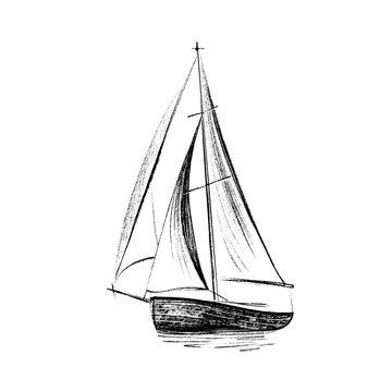 Sailing boat at sea. Abstract minimalistic style. Hand drawn in black ink, brush and paint texture.