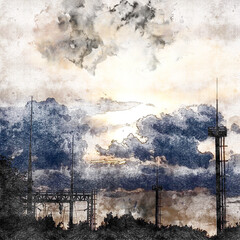 Dark sky with clouds over an industrial area. Gantry crane with a hook. Pillars with floodlights and lightning rods. Digital watercolor painting. Contemporary art. Canvas texture. - obrazy, fototapety, plakaty