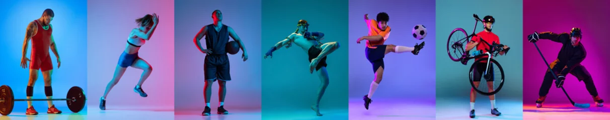Zelfklevend Fotobehang Sport collage of professional athletes posing isolated on gradient multicolored background in neon. Concept of motion, action, active lifestyle, achievements, challenges © master1305