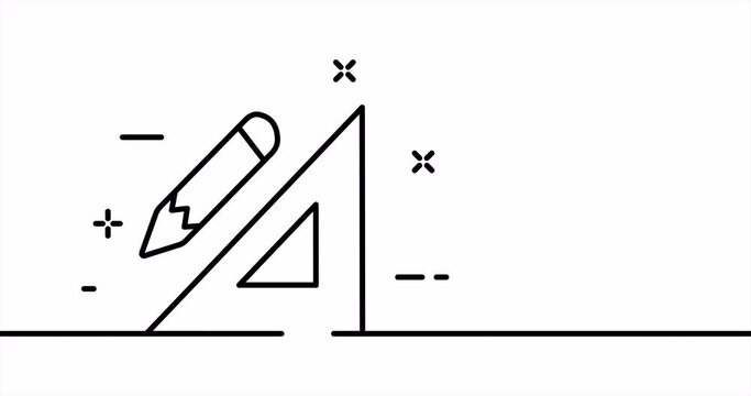 Pencil with square. Draw, drawing, school, plan, design, construction, builder. Stationery concept. One line drawing animation. Motion design. Animated technology logo. Video 4K