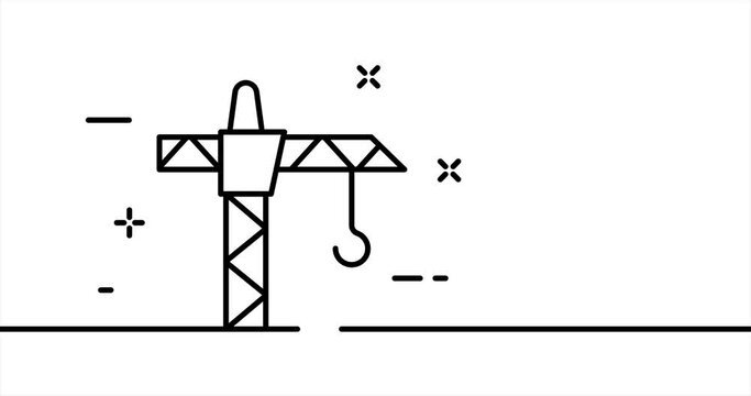 Crane. Jenny, builder, lift a load, building, cargo, build, hook, site, house, skyscraper. Construction concept. One line drawing animation. Motion design. Animated technology logo. Video 4K