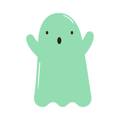 Vector illustration of cute halloween ghost with face expression. Hand drawn magic character for kids. Simple friendly creature for card, poster, invitation design