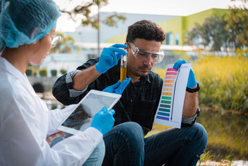 Scientists team collect water samples for analysis and research on water quality, environment with saving earth.