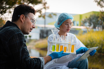 Scientists team collect water samples for analysis and research on water quality, environment with saving earth.