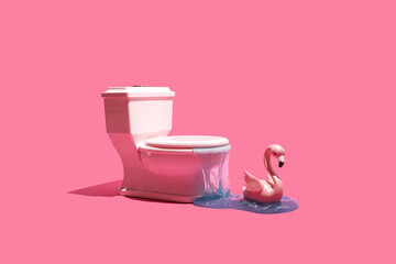 Pink swan figure, toilet bowl and blue jelly, creative arrangement, neon pink background. Swan lake...