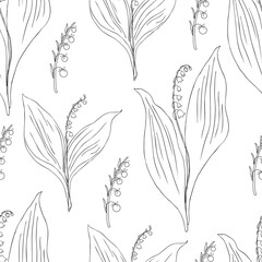 Seamless pattern Lily of the valley, Convallaria flower, line art muguet isolated on white background, botanical hand drawn vector illustration for design cosmetic, greeting card, wedding invite