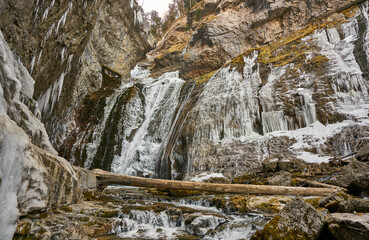 Fototapeta na wymiar Ordesa y Monte Perdido national park on winter.. the Arazas river is froze and even the big waterfalls