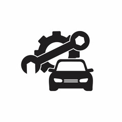 Car with gear and wrench, mechanic, automotive repair icon flat style isolated on white background.