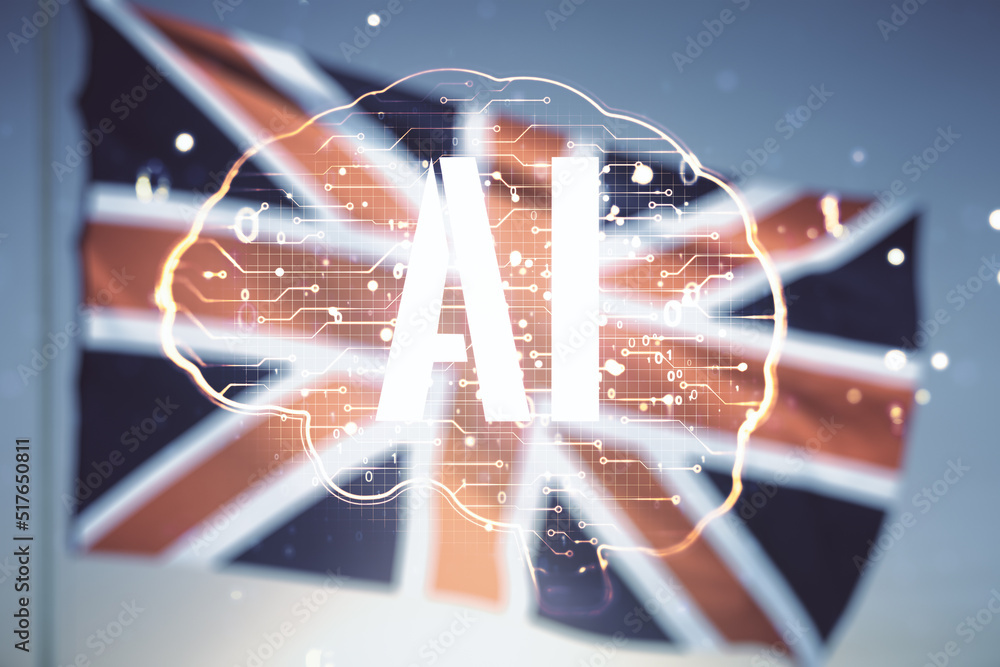 Poster double exposure of creative artificial intelligence interface on british flag and blue sky backgroun