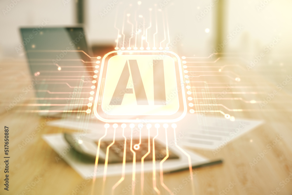 Poster abstract virtual artificial intelligence symbol hologram on calculator and laptop background. multie