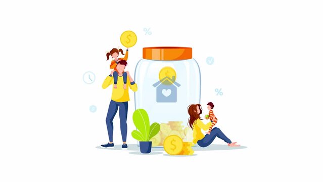 Jar with coins and young family. Money saving or accumulating, Financial services, Home deposit concept. Animation video.