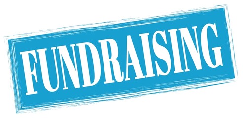 FUNDRAISING text written on blue stamp sign.