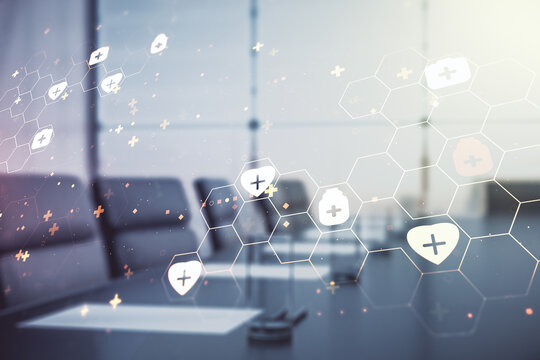 Double exposure of abstract virtual medical hologram on a modern meeting room background. Healthcare technolody concept