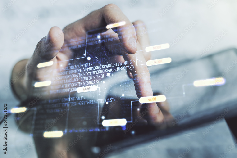 Aufkleber Multi exposure of abstract software development hologram and finger presses on a digital tablet on background, research and analytics concept