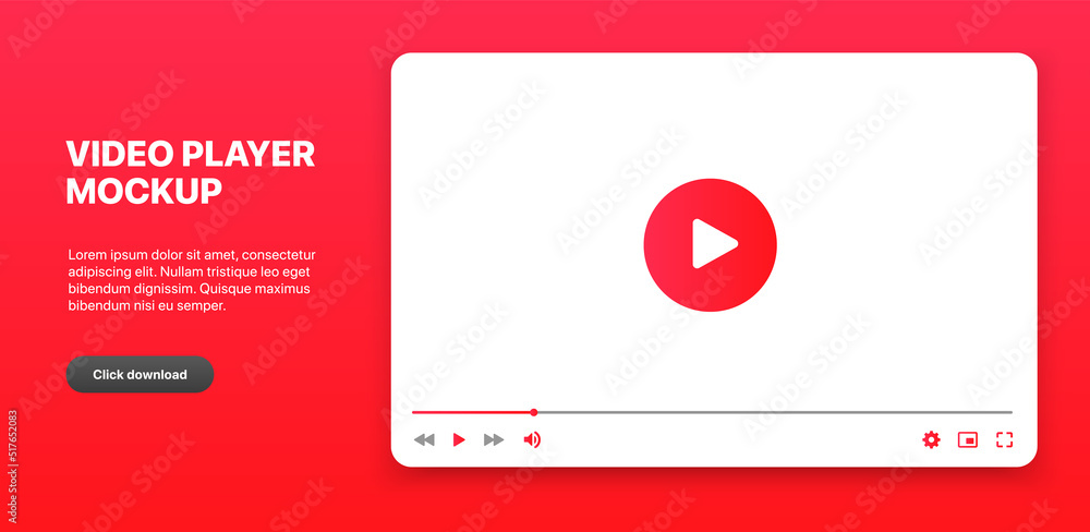 Poster Video player interface isolated on white background. Video streaming template. Mockup live stream window, player. Online broadcasting. Social media concept.