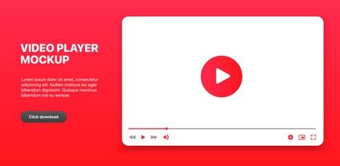 Video player interface isolated on white background. Video streaming template. Mockup live stream window, player. Online broadcasting. Social media concept.
