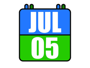 5 july calendar. Blue and green calendar page for july days. Vector isolated on white background.