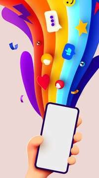 Hand holding phone. Phone mockup. Color explosion. Bright poster