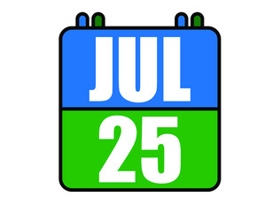 25 july calendar. Blue and green calendar page for july days. Vector isolated on white background.