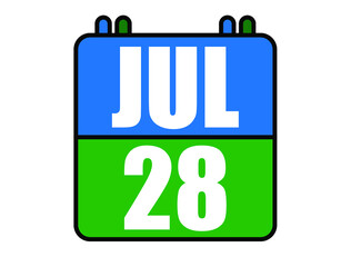 28 july calendar. Blue and green calendar page for july days. Vector isolated on white background.