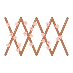 Decorative garden fence with pink flowers. Rhombus shape. Hand drawn illustration in cartoon style. Vector isolated on white background.