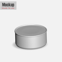 Gray metallic round tin can with pull tab. Hi-angle view. Photorealistic packaging mockup template. Contains an accurate mesh to wrap your artwork with the correct envelope distortionLow-profile matte