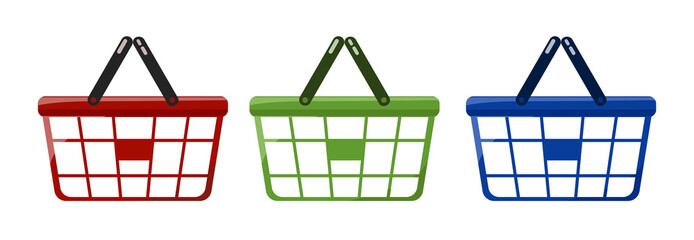 Red, green and blue plastic shopping baskets for shopping with handlesl, vector illustration on white background