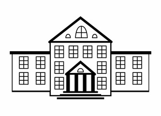 The building of a school or other educational institution. Facade of an architectural structure. Black and white illustration in geometric flat style. Entrance to the building with columns.