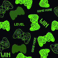 Abstract Seamless hand drawn pattern with joystick. Gamer elements for boy t-shirt design. Repeat print with gamepad sign for boys textile and more  © SokolArtStudio