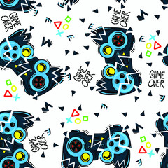 Abstract Seamless hand drawn pattern with joystick. Gamer elements for boy t-shirt design. Repeat print with gamepad sign for boys textile and more  © SokolArtStudio
