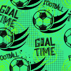 Abstract seamless fooball pattern for boys, sport textile, fashion clothes, wrapping paper. Grunge urban repeat soccer ball print with words Goal. Colorful wallpaper 