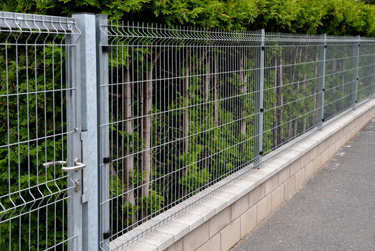 simple fencing with concrete lining and welded galvanized mesh. in the background behind the goal is a hedge of evergreen conifers. on the street