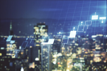 Double exposure of abstract creative financial chart hologram on blurry cityscape background, research and strategy concept