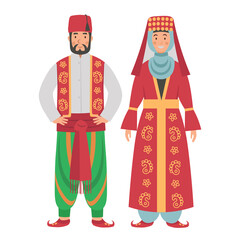 Cartoon men's and women's turkish costume, character for children. Flat vector illustration