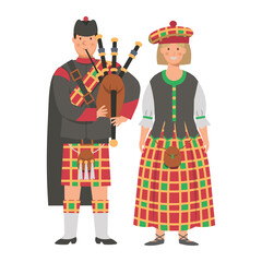 Cartoon men's and women's scottish costume, character for children. Flat vector illustration